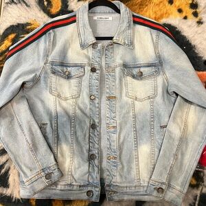 Embellish Light Blue Denim Jacket with Red and Black Stripes